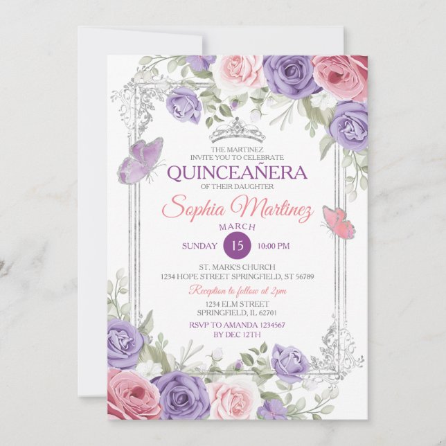 Elegant Pink Floral Silver Purple Girl Quinceañera Invitation (Front)