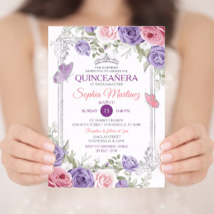 Elegant Pink Floral Silver Purple Girl Quinceañera Invitation