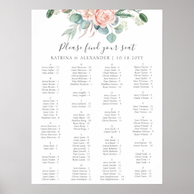 Elegant Pink Floral Simple Wedding Seating Chart (Front)