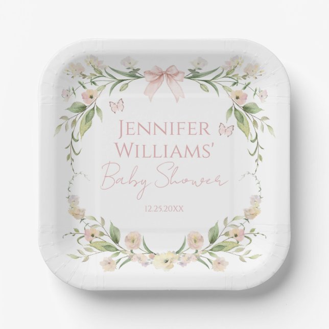 Elegant Pink Floral Spring Summer Baby Girl Shower Paper Plate (Front)