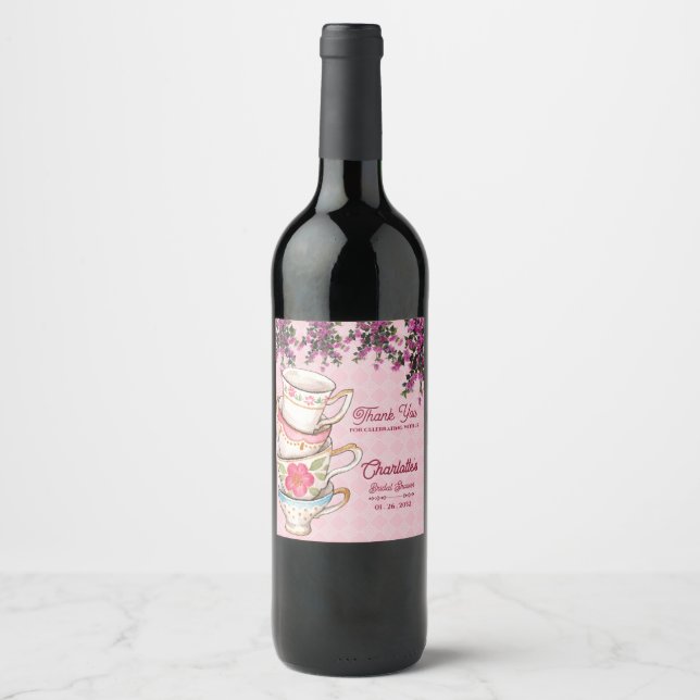 Elegant Pink Floral Stacked Teacups Bridal Shower Wine Label (Front)