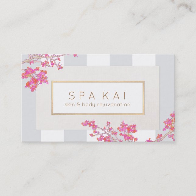 Elegant Pink Floral Stripes Beauty Salon and Spa Business Card (Front)