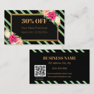 Elegant Pink Floral Stripes QR Code Discount Card