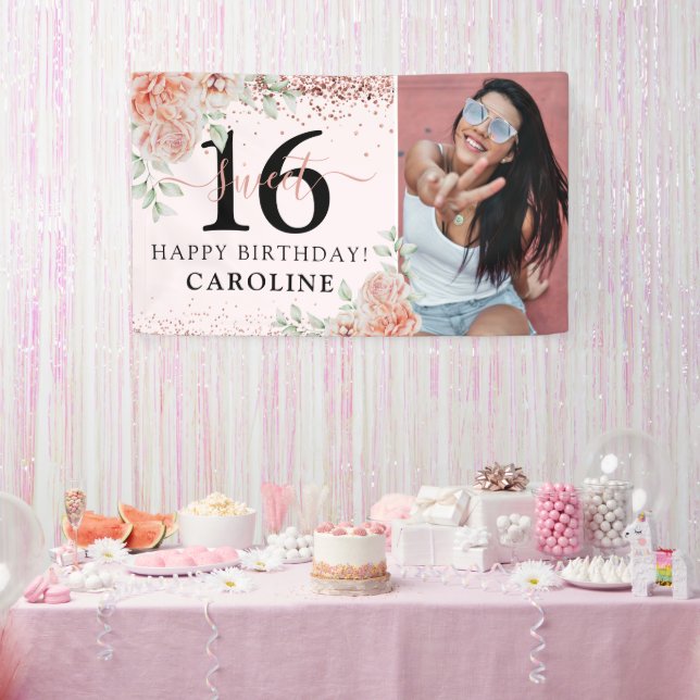 Elegant Pink Floral Sweet 16 Birthday Photo Banner (Party)