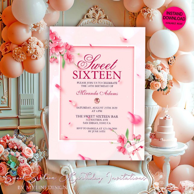 Elegant Pink Floral Sweet Sixteen Birthday Party Invitation (Creator Uploaded)
