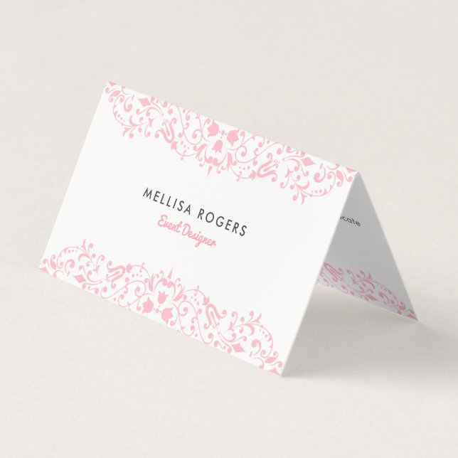 Elegant Pink Floral Swirls Lace Business Card (Front)