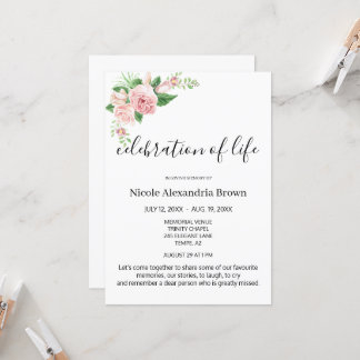 Elegant Pink Floral Tasteful Celebration Funeral Invitation