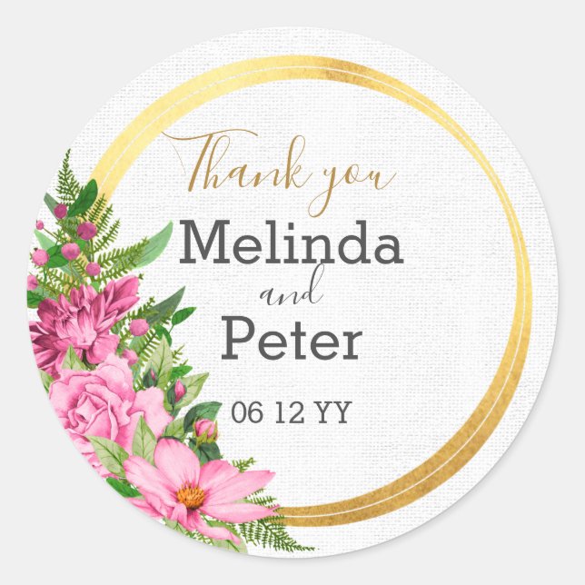 Elegant Pink Floral Thank You Wedding Classic Round Sticker (Front)