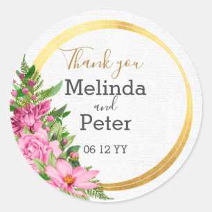 Elegant Pink Floral Thank You Wedding Classic Round Sticker