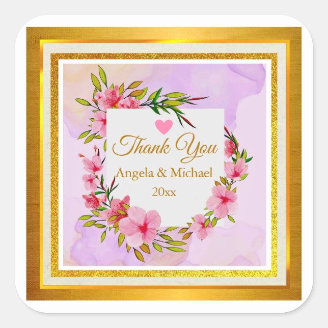 Elegant Pink Floral Thank You Wedding Favor Square Sticker (Front)