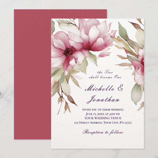 Elegant Pink Floral Two Shall Become One Bible Invitation (Front/Back)