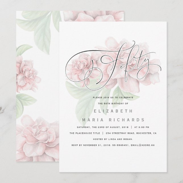 Elegant Pink Floral Typography 50 Birthday Party Invitation (Front/Back)