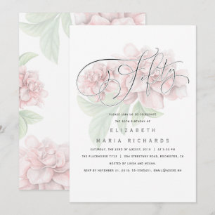 Elegant Pink Floral Typography 50 Birthday Party Invitation