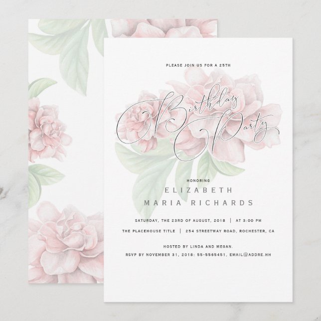 Elegant Pink Floral Typography Birthday Party Invitation (Front/Back)