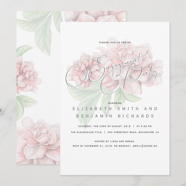 Elegant Pink Floral Typography Engagement Party Invitation (Front/Back)