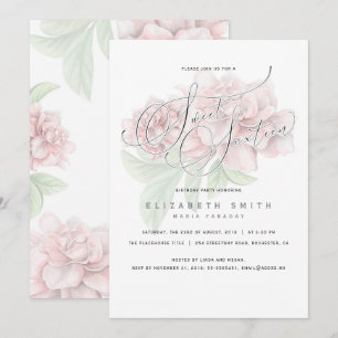 Elegant Pink Floral Typography Sweet 16 Birthday Invitation