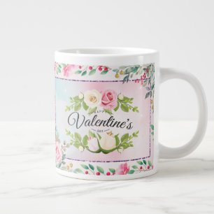 Elegant Pink Floral Valentine's Day Large Coffee Mug
