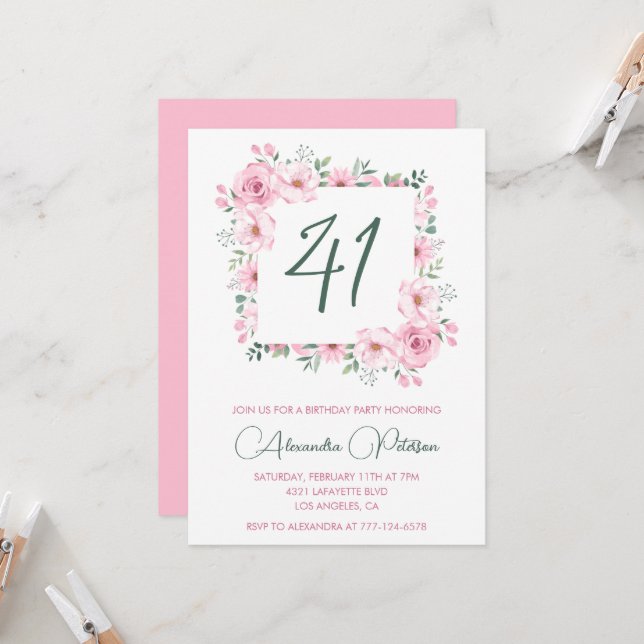 Elegant Pink Floral Watercolor 41st birthday  Invitation (Front/Back In Situ)
