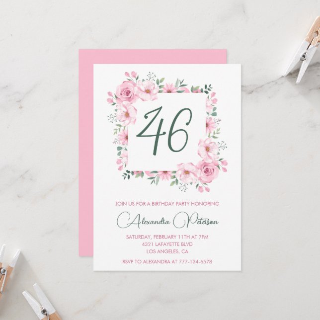 Elegant Pink Floral Watercolor 46th birthday  Invitation (Front/Back In Situ)