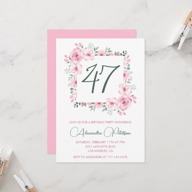 Elegant Pink Floral Watercolor 47th birthday  Invitation (Front/Back In Situ)
