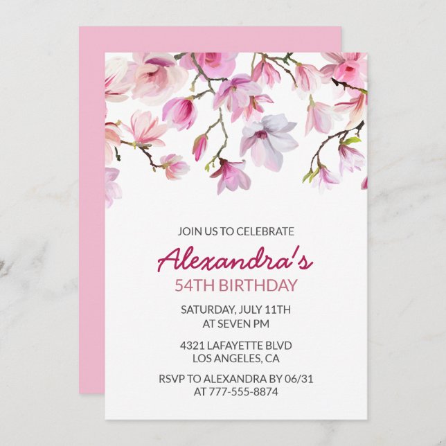 Elegant Pink Floral Watercolor 54th birthday Invitation (Front/Back)