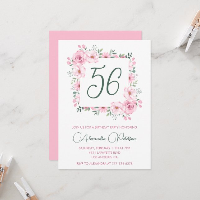 Elegant Pink Floral Watercolor 56th birthday  Invitation (Front/Back In Situ)