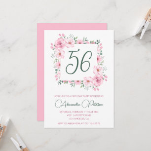 Elegant Pink Floral Watercolor 56th birthday Invitation