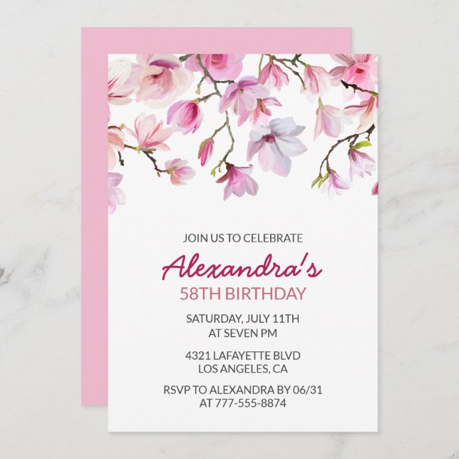 Elegant Pink Floral Watercolor 58th birthday Invitation (Front/Back)
