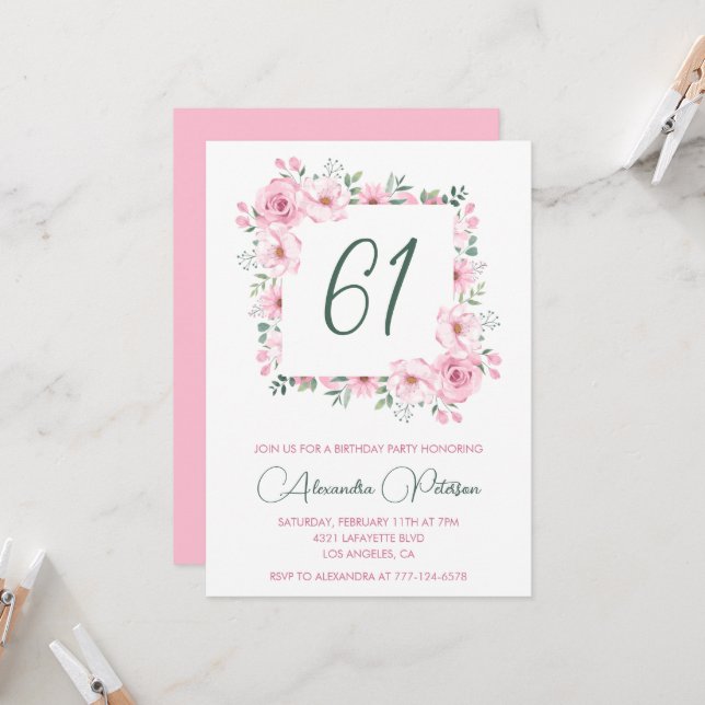 Elegant Pink Floral Watercolor 61st birthday  Invitation (Front/Back In Situ)
