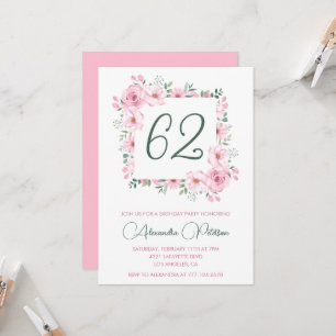Elegant Pink Floral Watercolor 62nd birthday Invitation