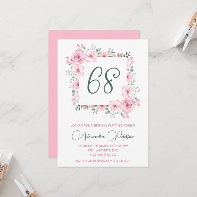 Elegant Pink Floral Watercolor 68th birthday  Invitation (Front/Back In Situ)