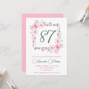 Elegant Pink Floral Watercolor 87th birthday  Invitation