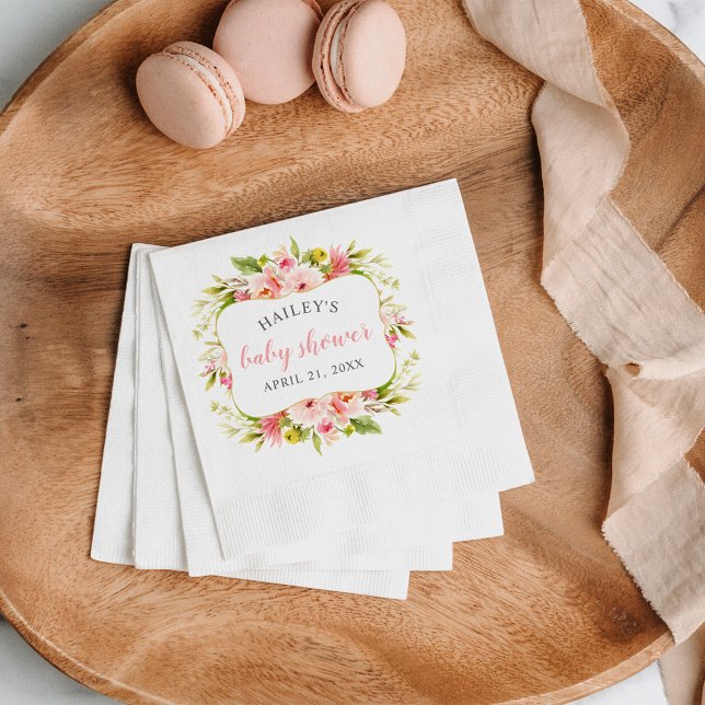 Elegant Pink Floral Watercolor Baby Girl Shower Napkin (Creator Uploaded)