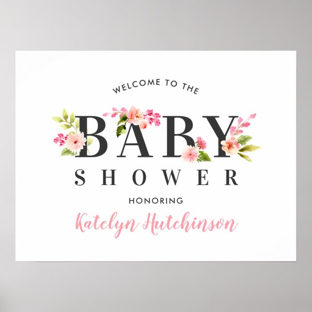 Elegant Pink Floral Watercolor Baby Shower Welcome Poster (Front)