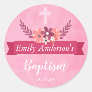 Elegant Pink Floral Watercolor Baptism Sticker