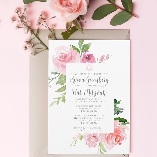 Elegant Pink Floral Watercolor Bat Mitzvah Party Invitation (Creator Uploaded)