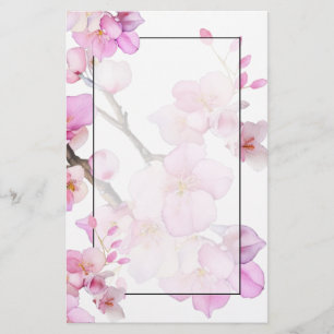 Elegant pink floral watercolor cherry blossoms stationery