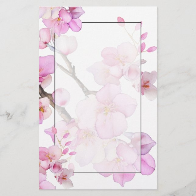 Elegant pink floral watercolor cherry blossoms  stationery (Front)