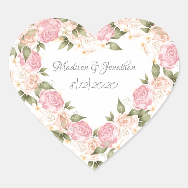 Elegant Pink Floral Watercolor Customised Wedding Heart Sticker (Front)