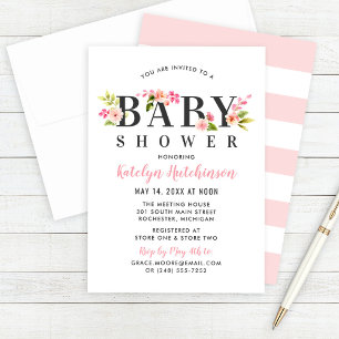 Elegant Pink Floral Watercolor Girl Baby Shower Invitation