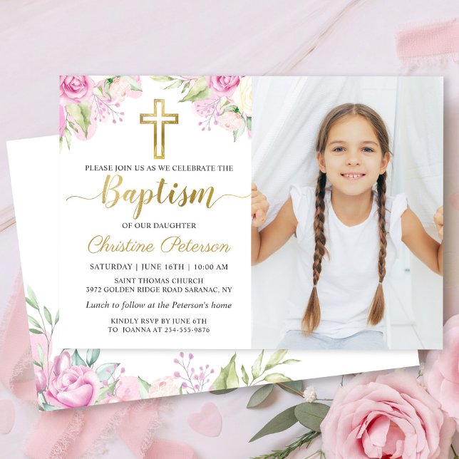 Elegant Pink Floral Watercolor Girl Baptism Photo Invitation (Creator Uploaded)
