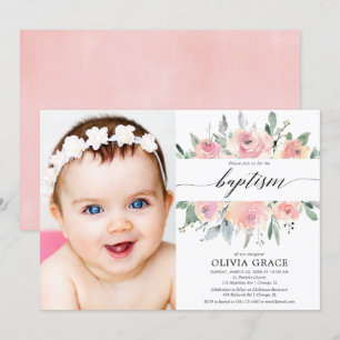 Elegant pink floral watercolor girl baptism photo invitation