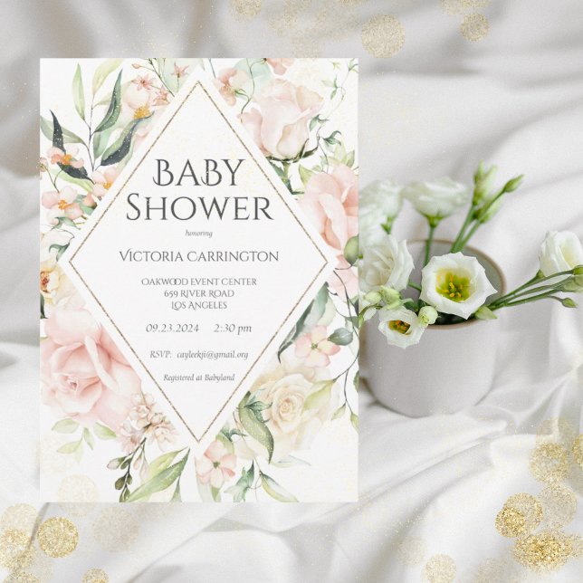 Elegant Pink Floral Watercolor Gold Baby  Invitation (Creator Uploaded)