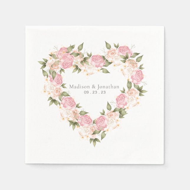 Elegant Pink Floral Watercolor Names Date Wedding Napkin (Front)