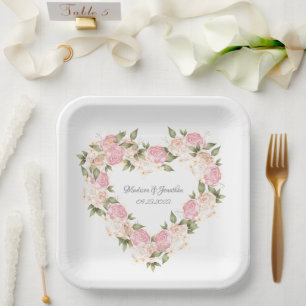 Elegant Pink Floral Watercolor Names Wedding Heart Paper Plate