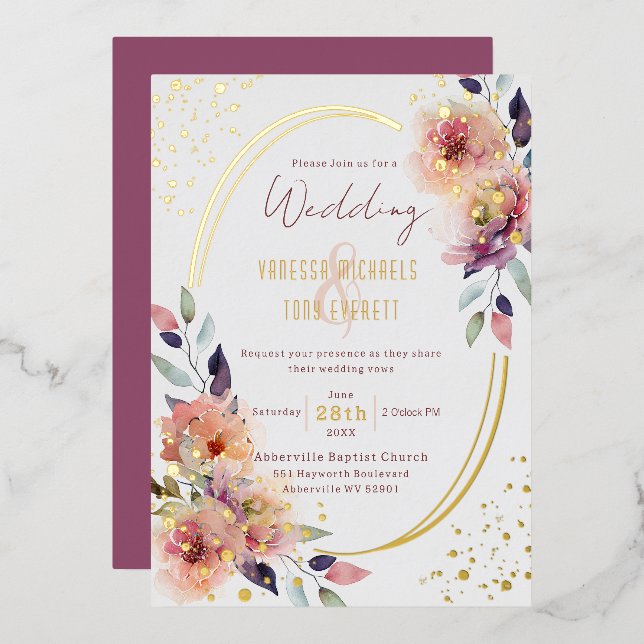 Elegant Pink Floral Watercolor Oval Wedding (Front/Back)