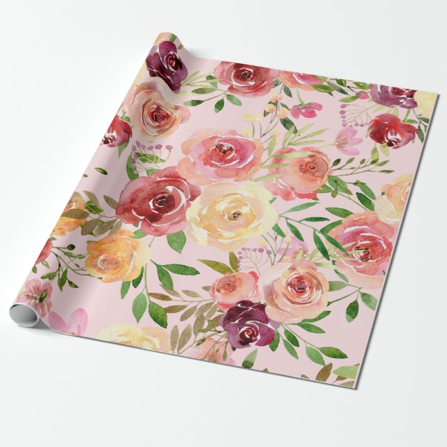 Elegant Pink Floral Watercolor Peony Flower Wrapping Paper (Unrolled)