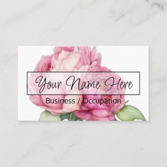 Elegant pink floral watercolor peony rose business card (Front)