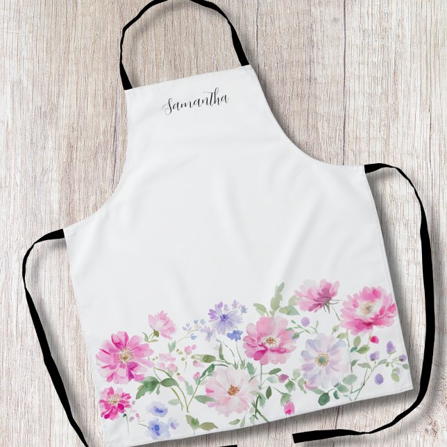 Elegant Pink Floral Watercolor Personalised  Apron (Creator Uploaded)