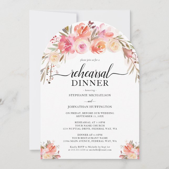 Elegant Pink Floral Watercolor Rehearsal Dinner Invitation (Front)